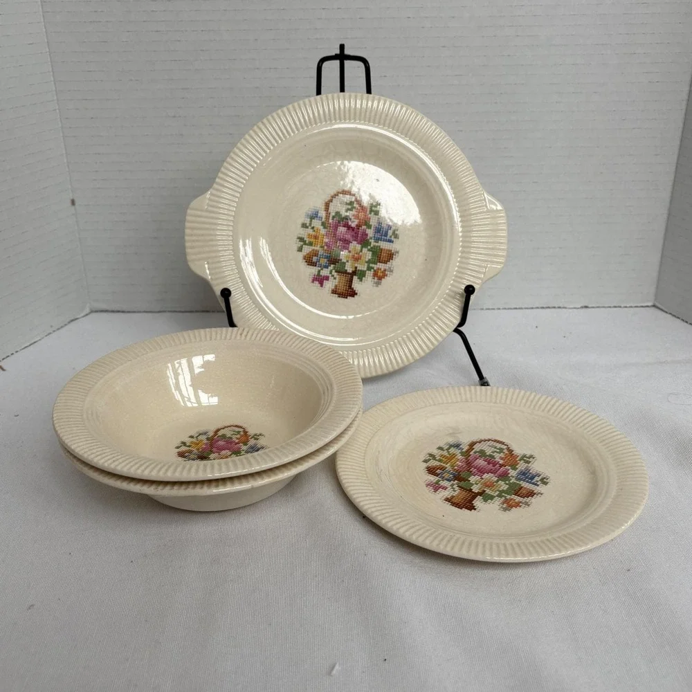 Salem China‎ Co Basket Cross Stitch Vintage 4pc Set Handled Plate Bowls Cream
